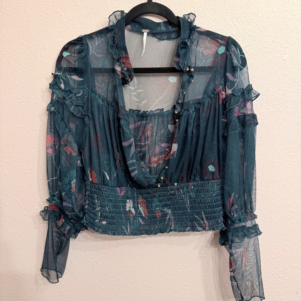 Free People Time For Shine Floral Mesh Ruffle Crop Blouse Teal Green Large